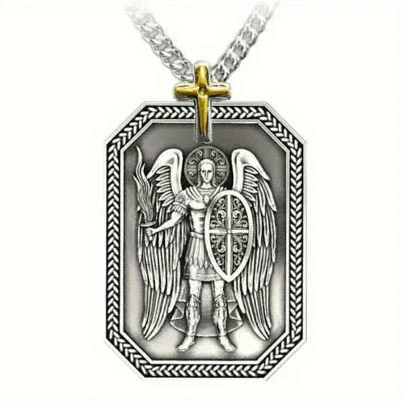 St. Michael Archangel Protector Cross Stainless Steel Pendant Necklace - Picture 4 of 5